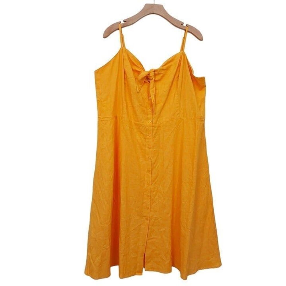 Sofia Vergara Midi Dress 2X Yellow Tie Front Button Linen Blend Cocktail Boho
